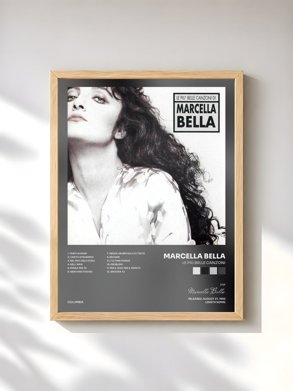 #bois Tableau de l'album Le Più Belle Canzoni de Marcella Bella, cadre en bois brut, imprimé et encadré en France