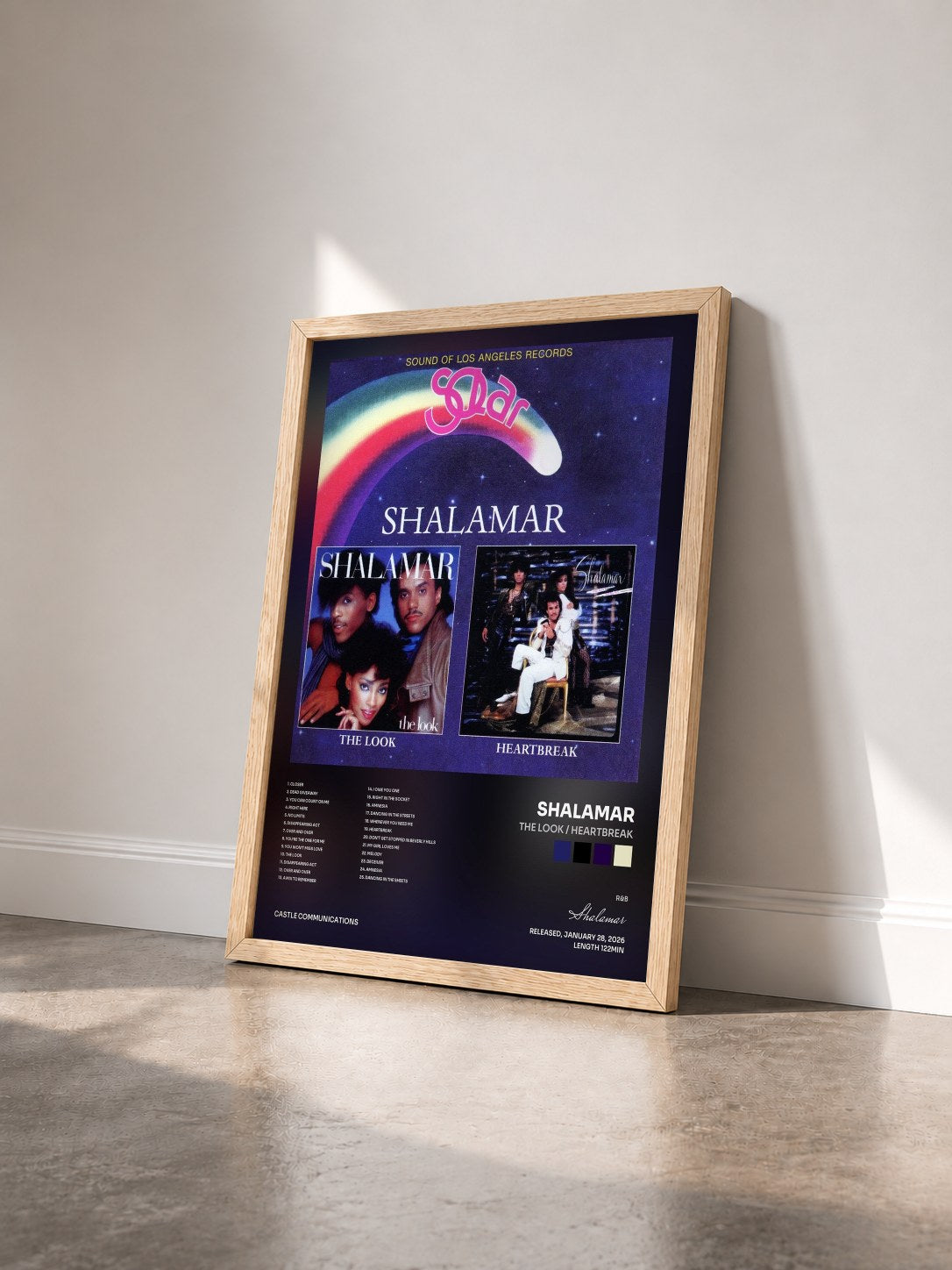 #bois Tableau de l'album The Look / Heartbreak de Shalamar vu de trois quarts, cadre en bois brut
