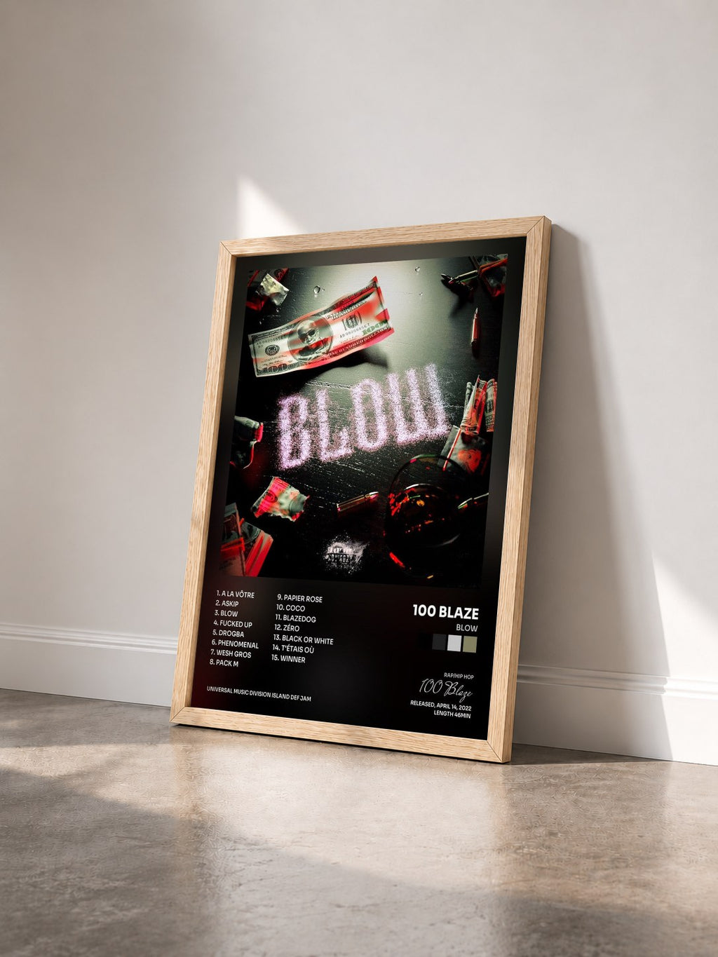 #bois Tableau de l'album Blow de 100 Blaze vu de trois quarts, cadre en bois brut