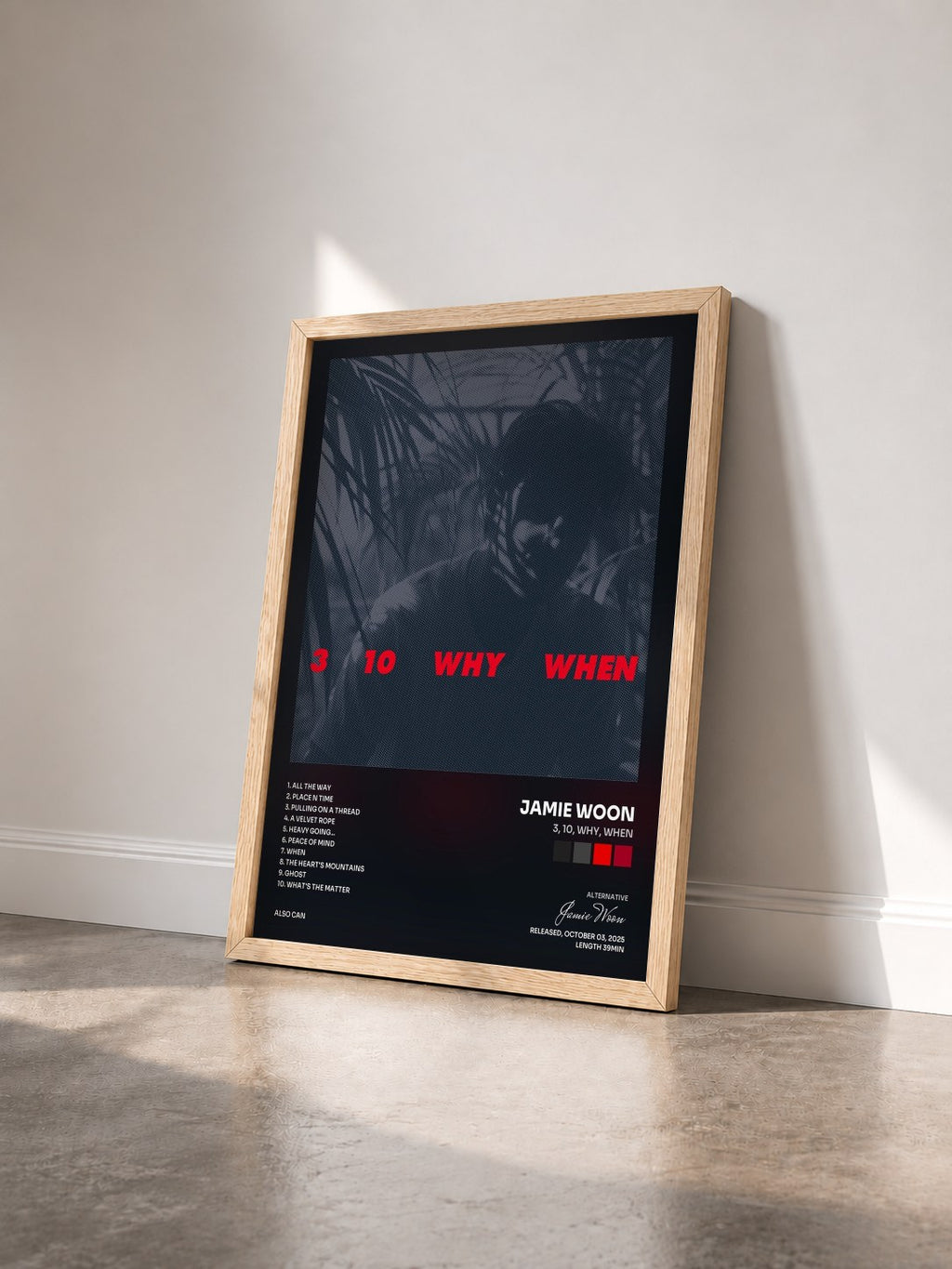 #bois Tableau de l'album 3, 10, Why, When de Jamie Woon vu de trois quarts, cadre en bois brut