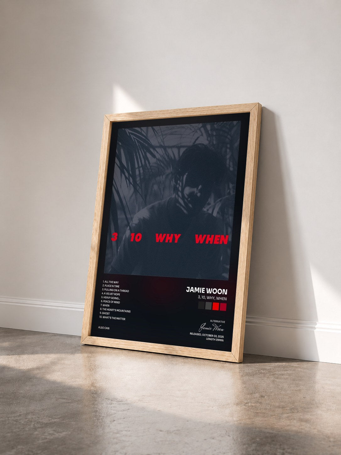 #bois Tableau de l'album 3, 10, Why, When de Jamie Woon vu de trois quarts, cadre en bois brut