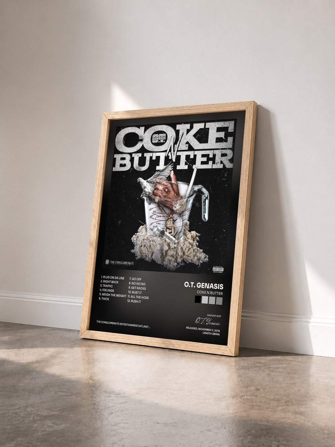 #bois Tableau de l'album Coke N Butter de O.T. Genasis vu de trois quarts, cadre en bois brut