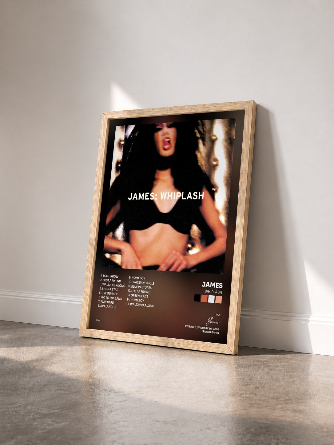 #bois Tableau de l'album Whiplash de James vu de trois quarts, cadre en bois brut