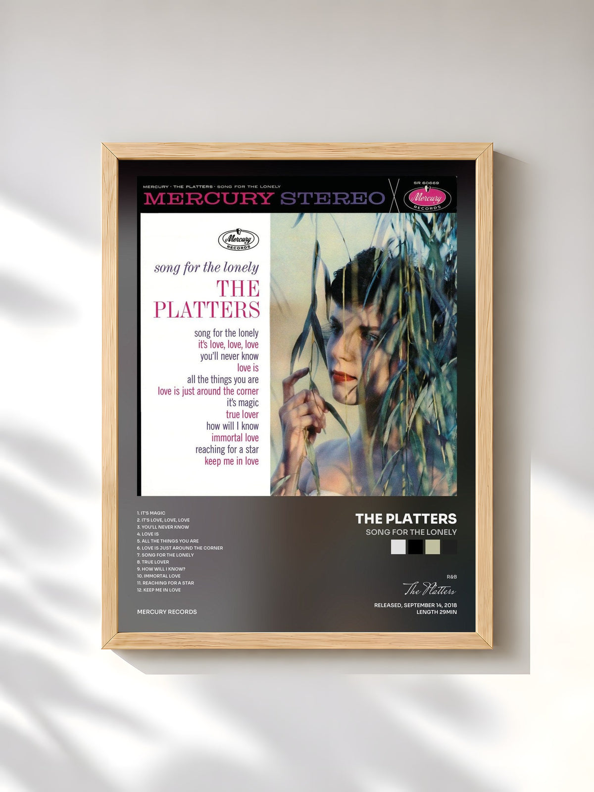 #bois Tableau de l'album Song For The Lonely de The Platters, cadre en bois brut, imprimé et encadré en France