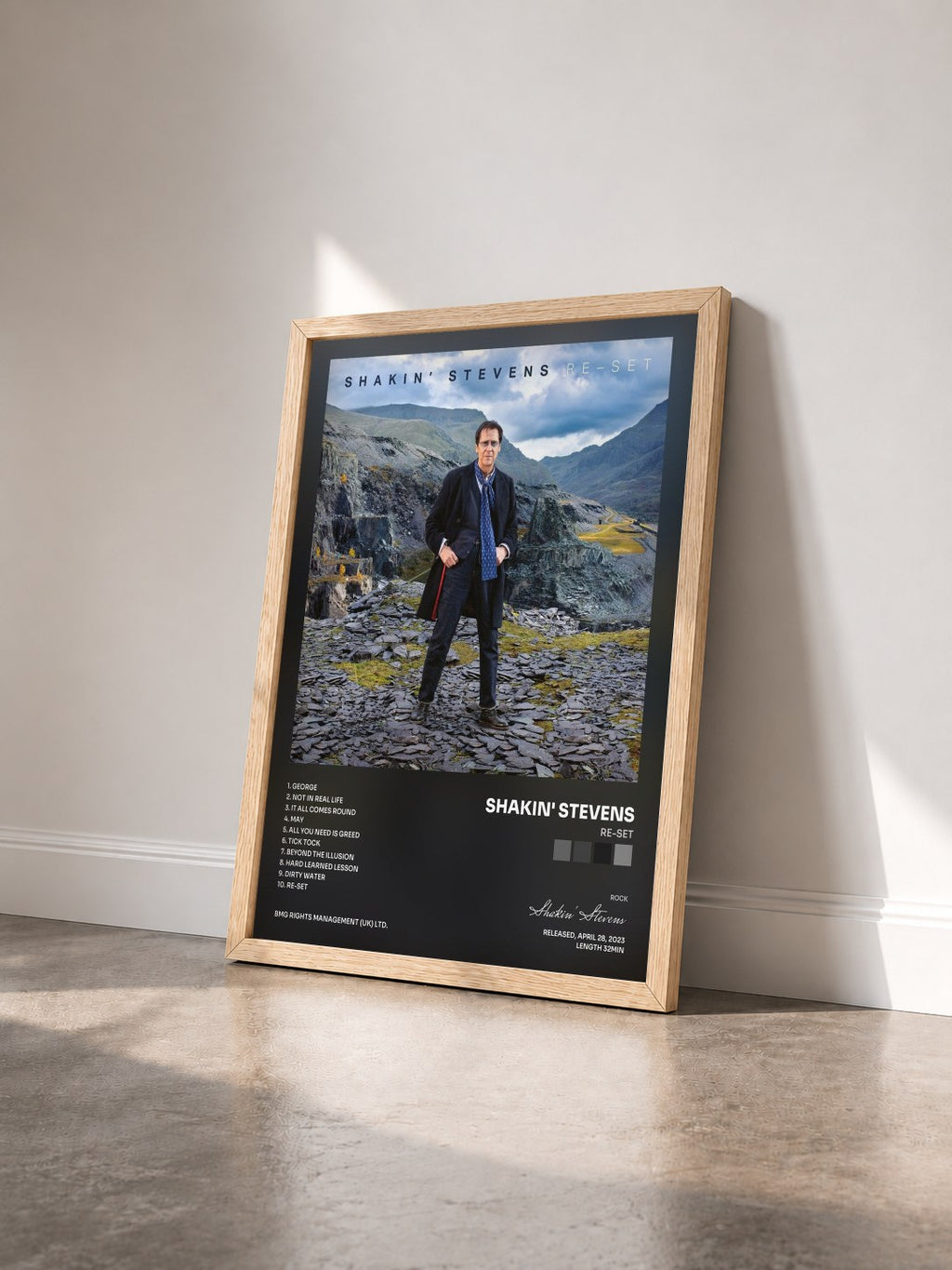#bois Tableau de l'album Re-Set de Shakin' Stevens vu de trois quarts, cadre en bois brut