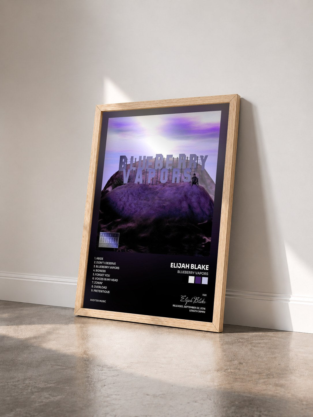 #bois Tableau de l'album Blueberry Vapors de Elijah Blake vu de trois quarts, cadre en bois brut