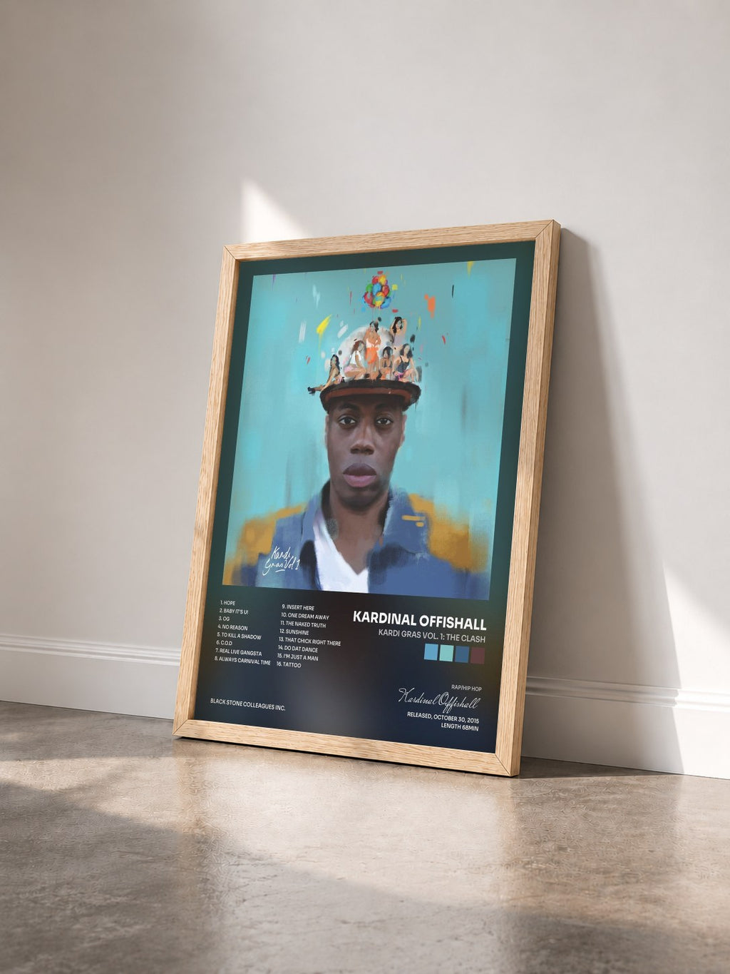 #bois Tableau de l'album Kardi Gras Vol. 1: The Clash de Kardinal Offishall vu de trois quarts, cadre en bois brut