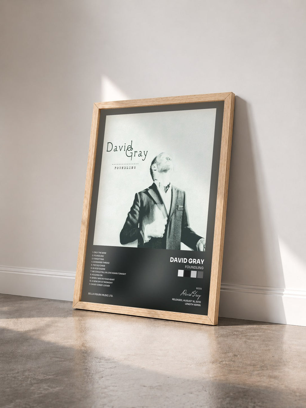 #bois Tableau de l'album Foundling de David Gray vu de trois quarts, cadre en bois brut