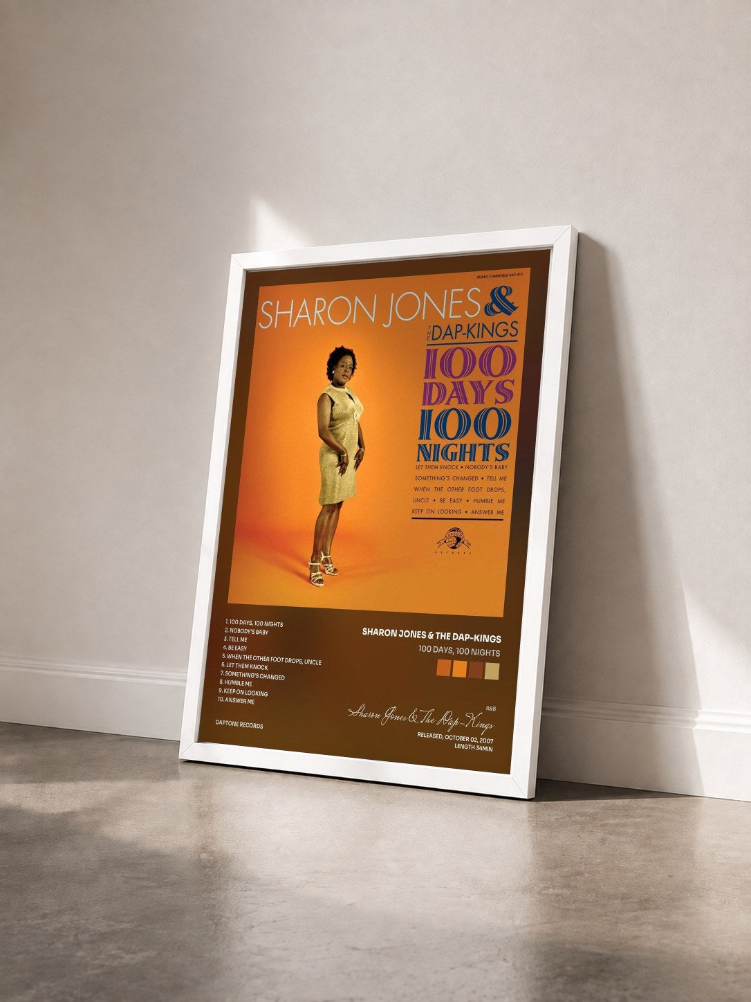 #blanc Tableau de l'album 100 Days, 100 Nights de Sharon Jones & The Dap-Kings vu de trois quarts, cadre blanc
