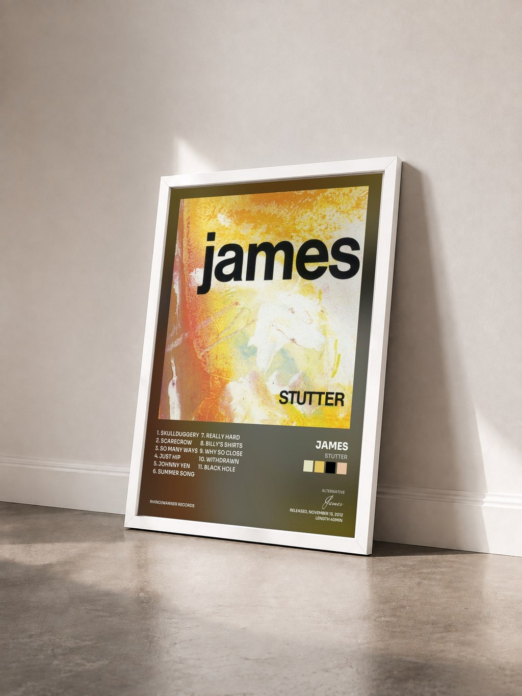 #blanc Tableau de l'album Stutter de James vu de trois quarts, cadre blanc