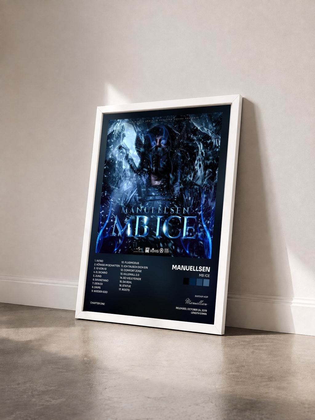 #blanc Tableau de l'album MB ICE de Manuellsen vu de trois quarts, cadre blanc