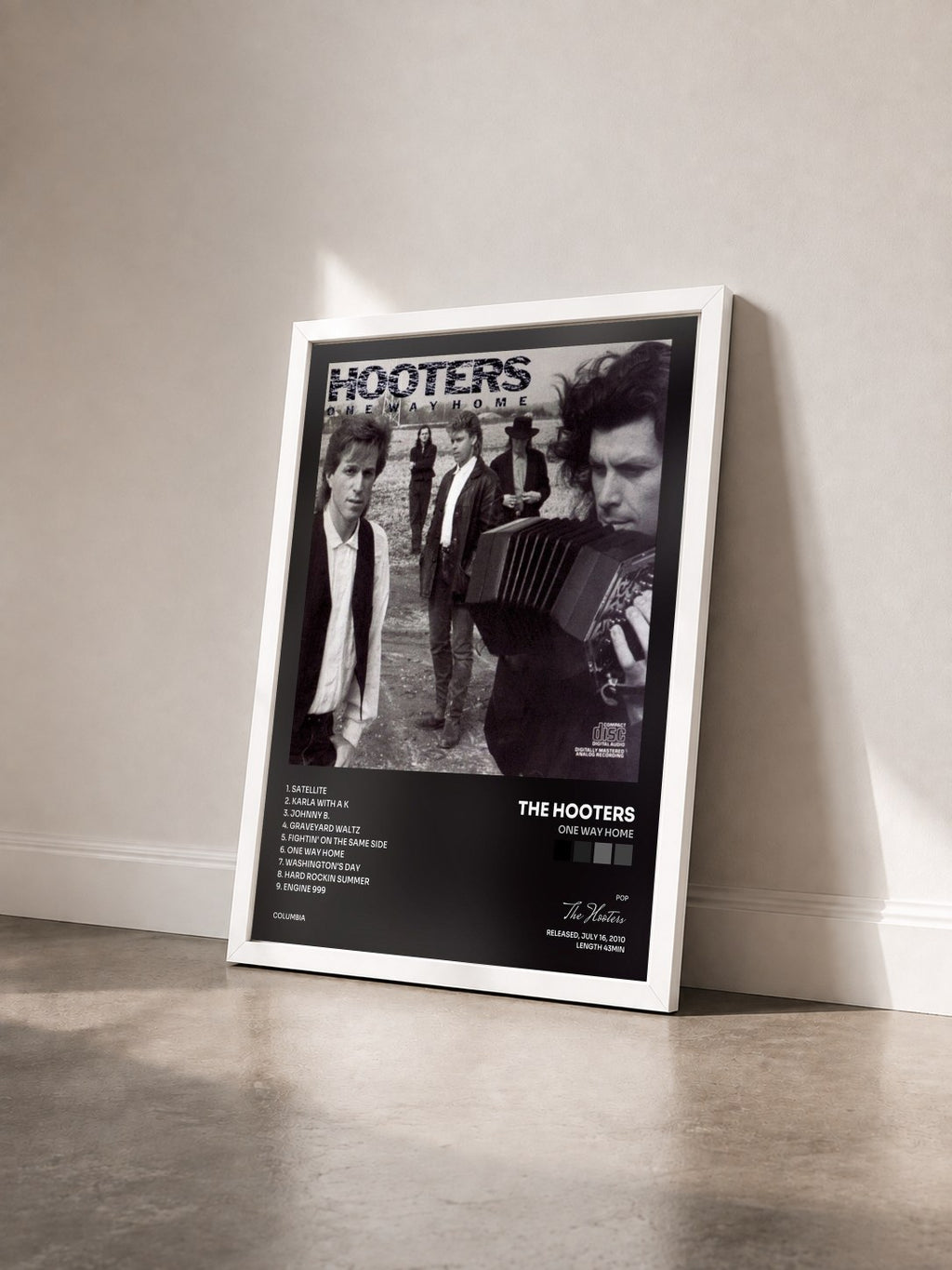 #blanc Tableau de l'album One Way Home de The Hooters vu de trois quarts, cadre blanc