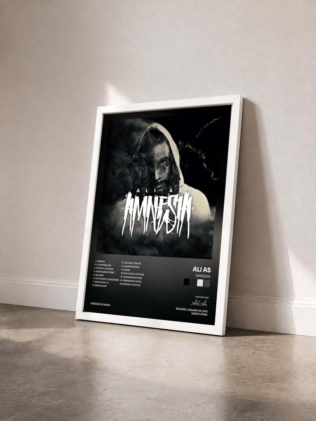 #blanc Tableau de l'album Amnesia de Ali As vu de trois quarts, cadre blanc