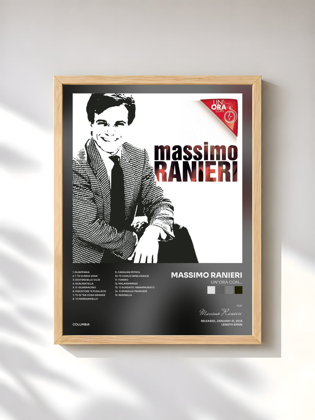 #bois Tableau de l'album Un'ora con... de Massimo Ranieri, cadre en bois brut, imprimé et encadré en France
