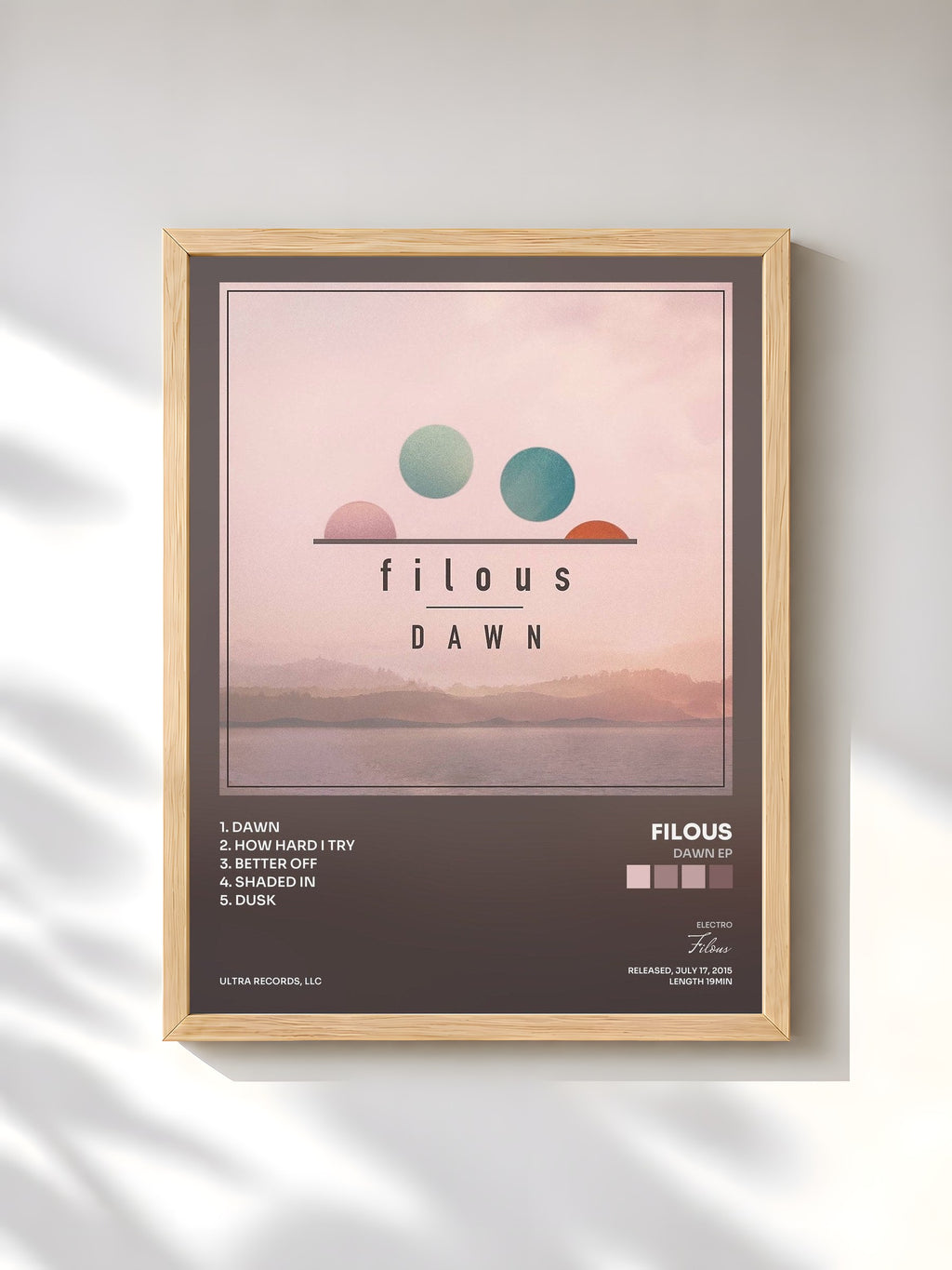 #bois Tableau de l'album Dawn EP de Filous, cadre en bois brut, imprimé et encadré en France