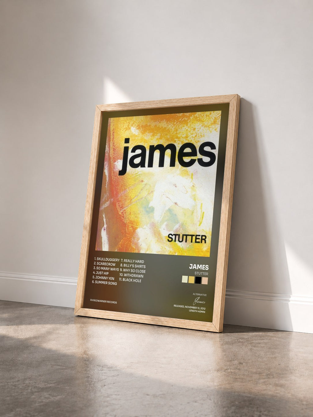 #bois Tableau de l'album Stutter de James vu de trois quarts, cadre en bois brut