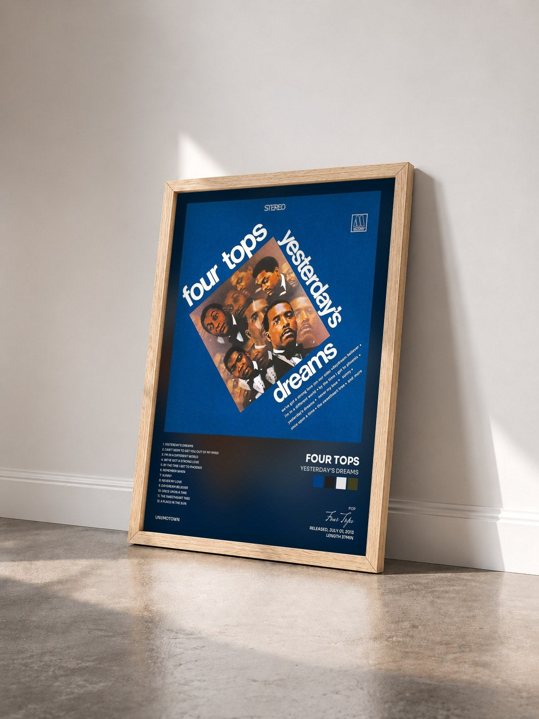 #bois Tableau de l'album Yesterday's Dreams de Four Tops vu de trois quarts, cadre en bois brut
