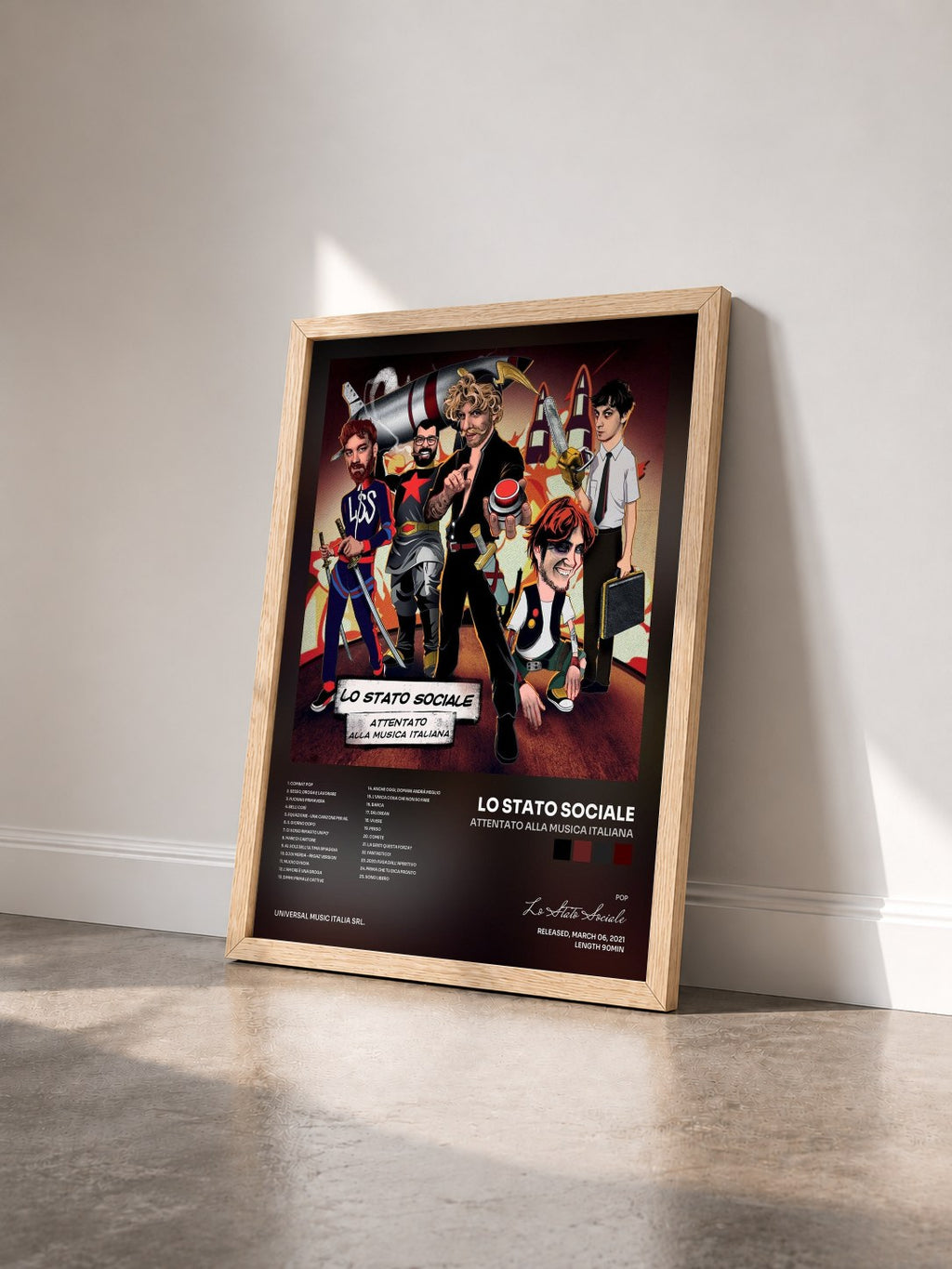 #bois Tableau de l'album Attentato alla musica italiana de Lo Stato Sociale vu de trois quarts, cadre en bois brut