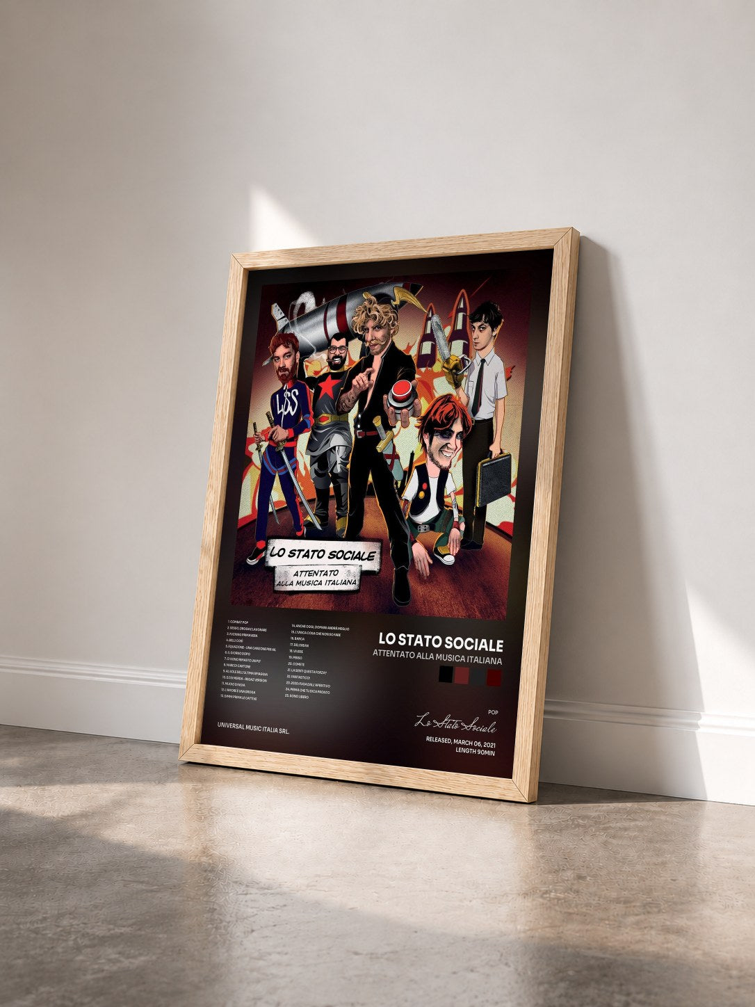 #bois Tableau de l'album Attentato alla musica italiana de Lo Stato Sociale vu de trois quarts, cadre en bois brut