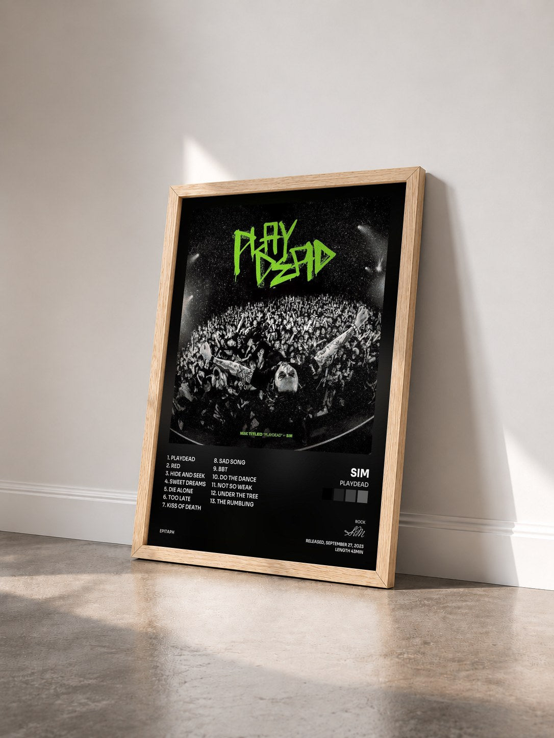 #bois Tableau de l'album PLAYDEAD de SiM vu de trois quarts, cadre en bois brut