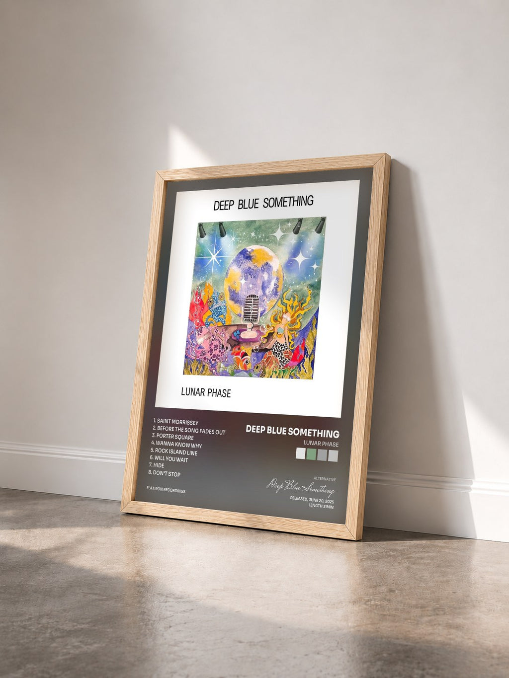 #bois Tableau de l'album Lunar Phase de Deep Blue Something vu de trois quarts, cadre en bois brut