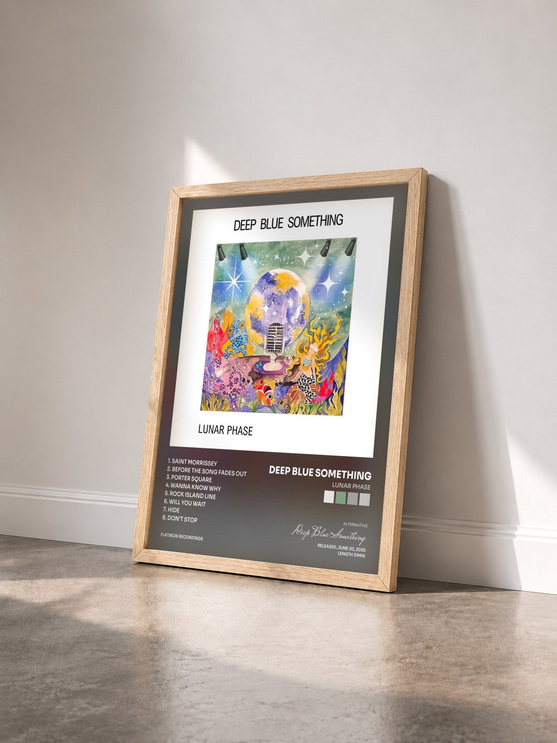 #bois Tableau de l'album Lunar Phase de Deep Blue Something vu de trois quarts, cadre en bois brut