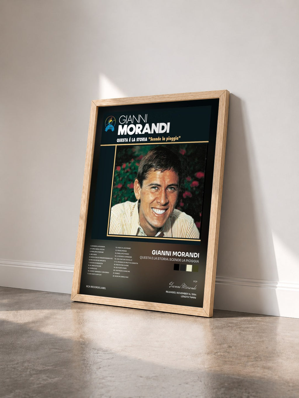 #bois Tableau de l'album Questa E La Storia: Scende La Pioggia de Gianni Morandi vu de trois quarts, cadre en bois brut