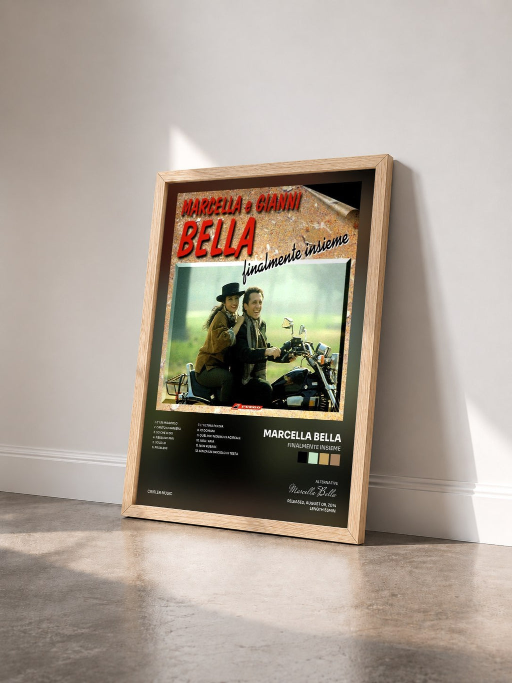 #bois Tableau de l'album Finalmente Insieme de Marcella Bella vu de trois quarts, cadre en bois brut