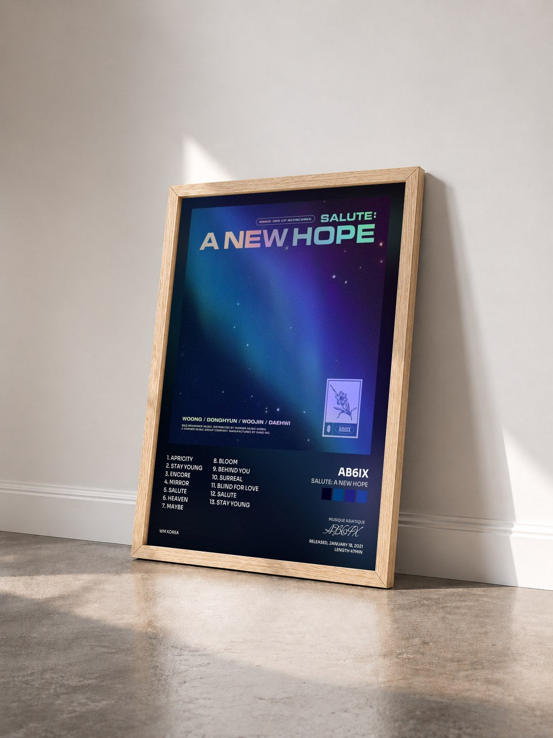 #bois Tableau de l'album SALUTE: A NEW HOPE de AB6IX vu de trois quarts, cadre en bois brut