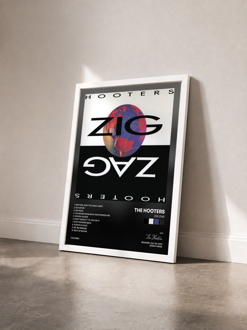 #blanc Tableau de l'album Zig Zag de The Hooters vu de trois quarts, cadre blanc