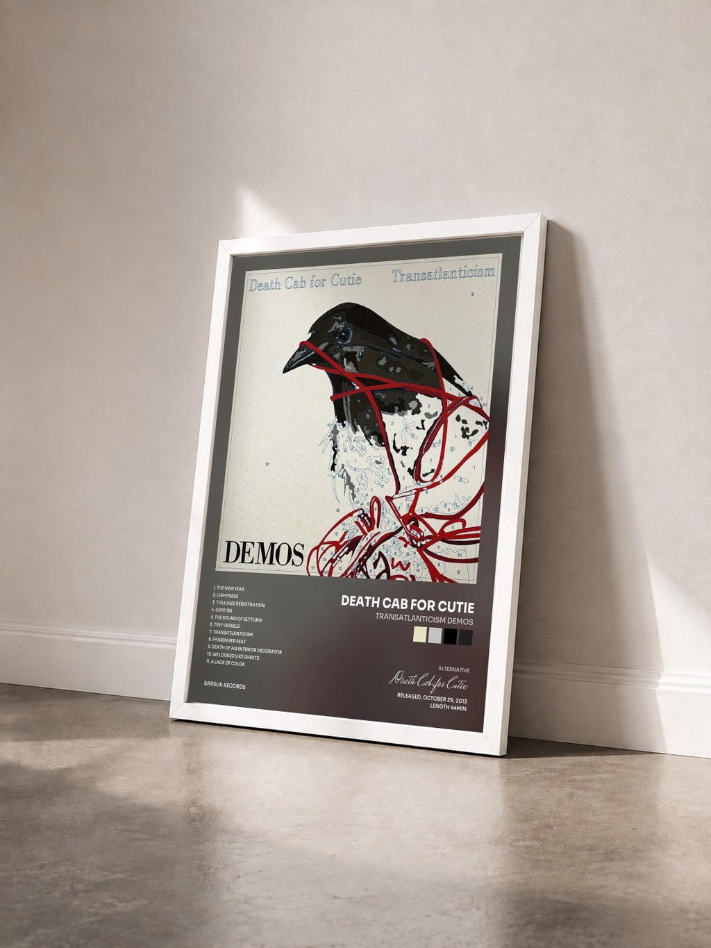#blanc Tableau de l'album Transatlanticism Demos de Death Cab for Cutie vu de trois quarts, cadre blanc