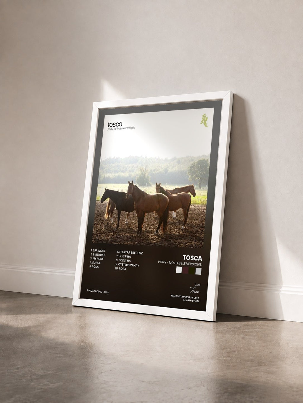 #blanc Tableau de l'album Pony - No Hassle Versions de Tosca vu de trois quarts, cadre blanc