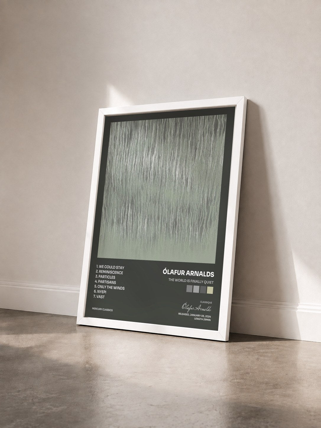 #blanc Tableau de l'album the world is finally quiet de Ólafur Arnalds vu de trois quarts, cadre blanc