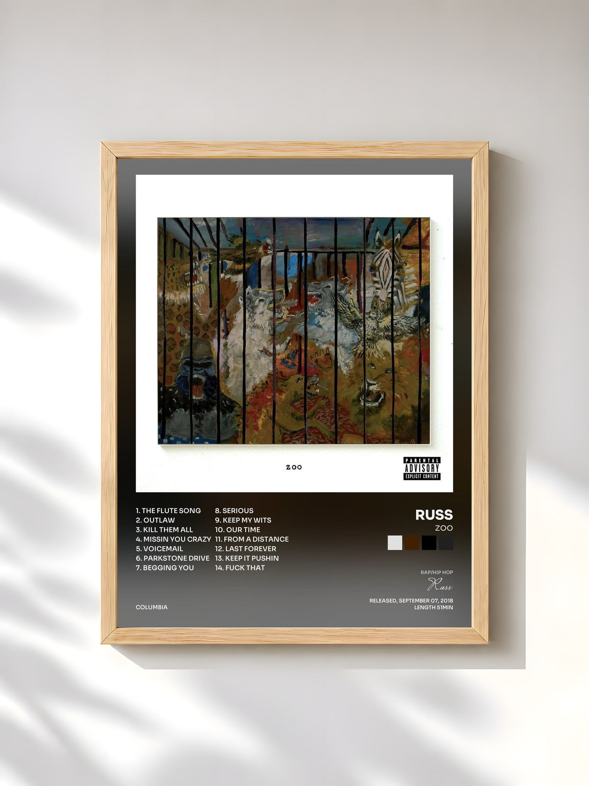 #bois Tableau de l'album ZOO de Russ, cadre en bois brut, imprimé et encadré en France