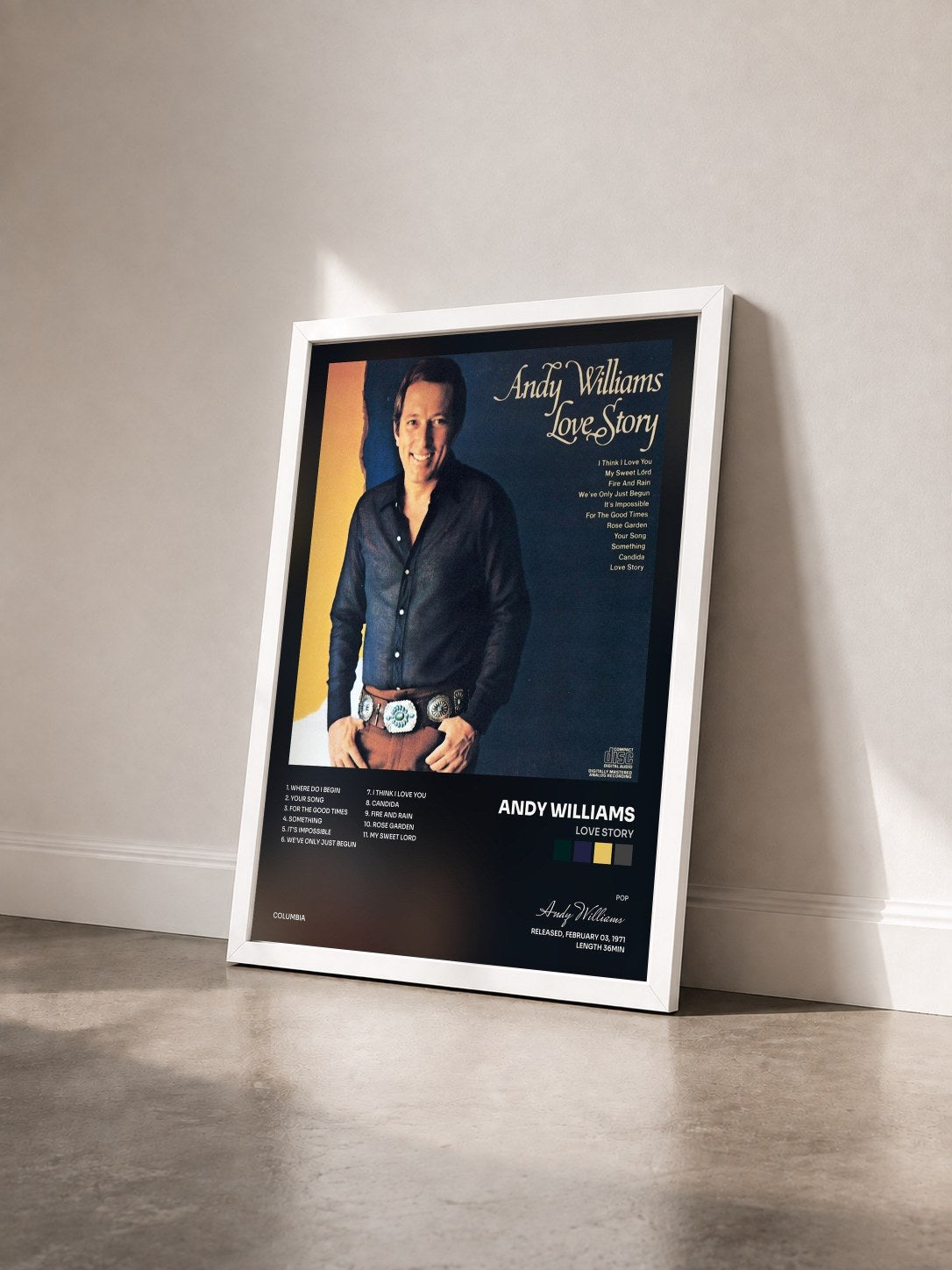 #blanc Tableau de l'album Love Story de Andy Williams vu de trois quarts, cadre blanc