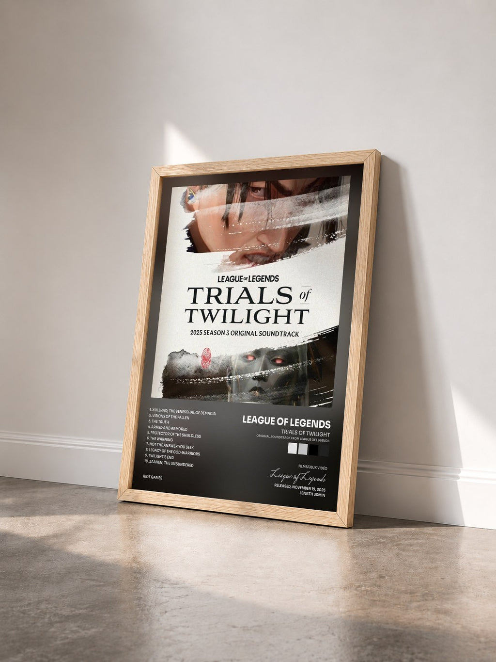 #bois Tableau de l'album Trials of Twilight (Original Soundtrack from League of Legends) de League of Legends vu de trois quarts, cadre en bois brut
