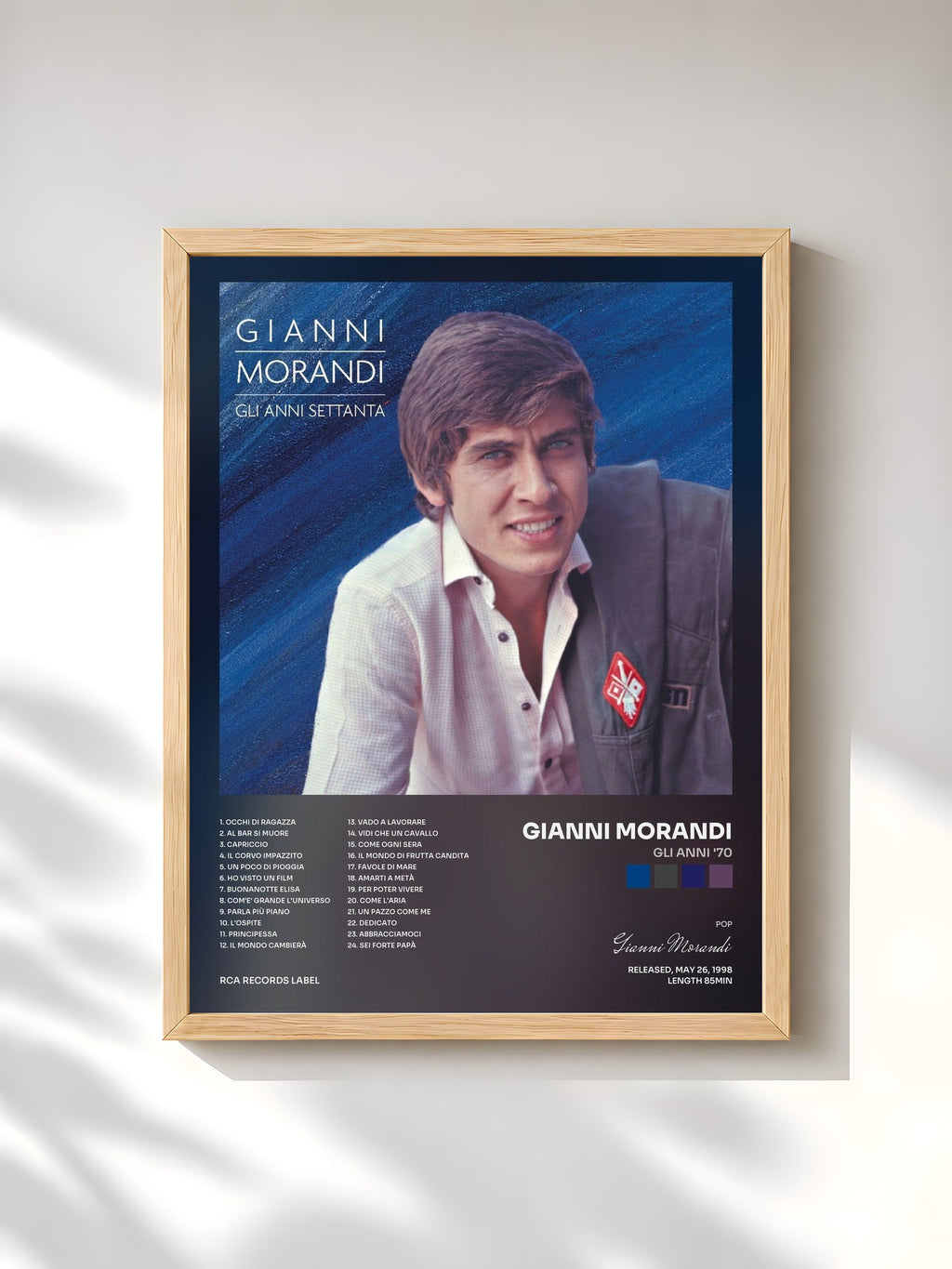 #bois Tableau de l'album Gli Anni '70 de Gianni Morandi, cadre en bois brut, imprimé et encadré en France