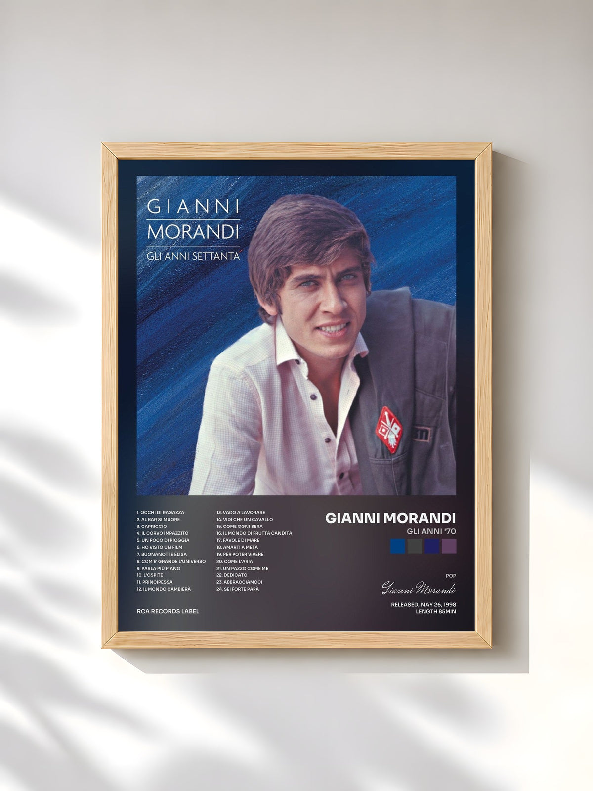 #bois Tableau de l'album Gli Anni '70 de Gianni Morandi, cadre en bois brut, imprimé et encadré en France
