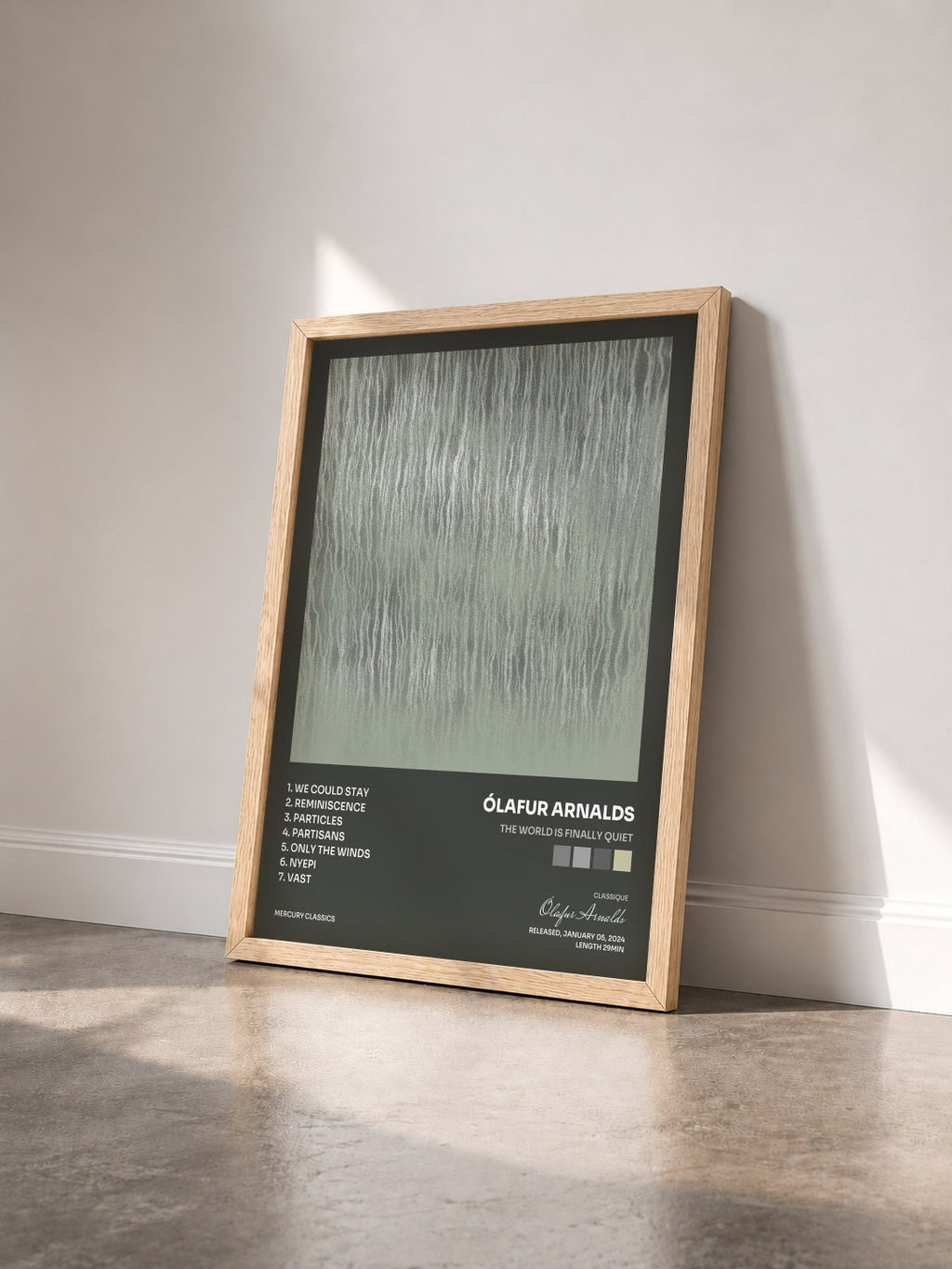 #bois Tableau de l'album the world is finally quiet de Ólafur Arnalds vu de trois quarts, cadre en bois brut