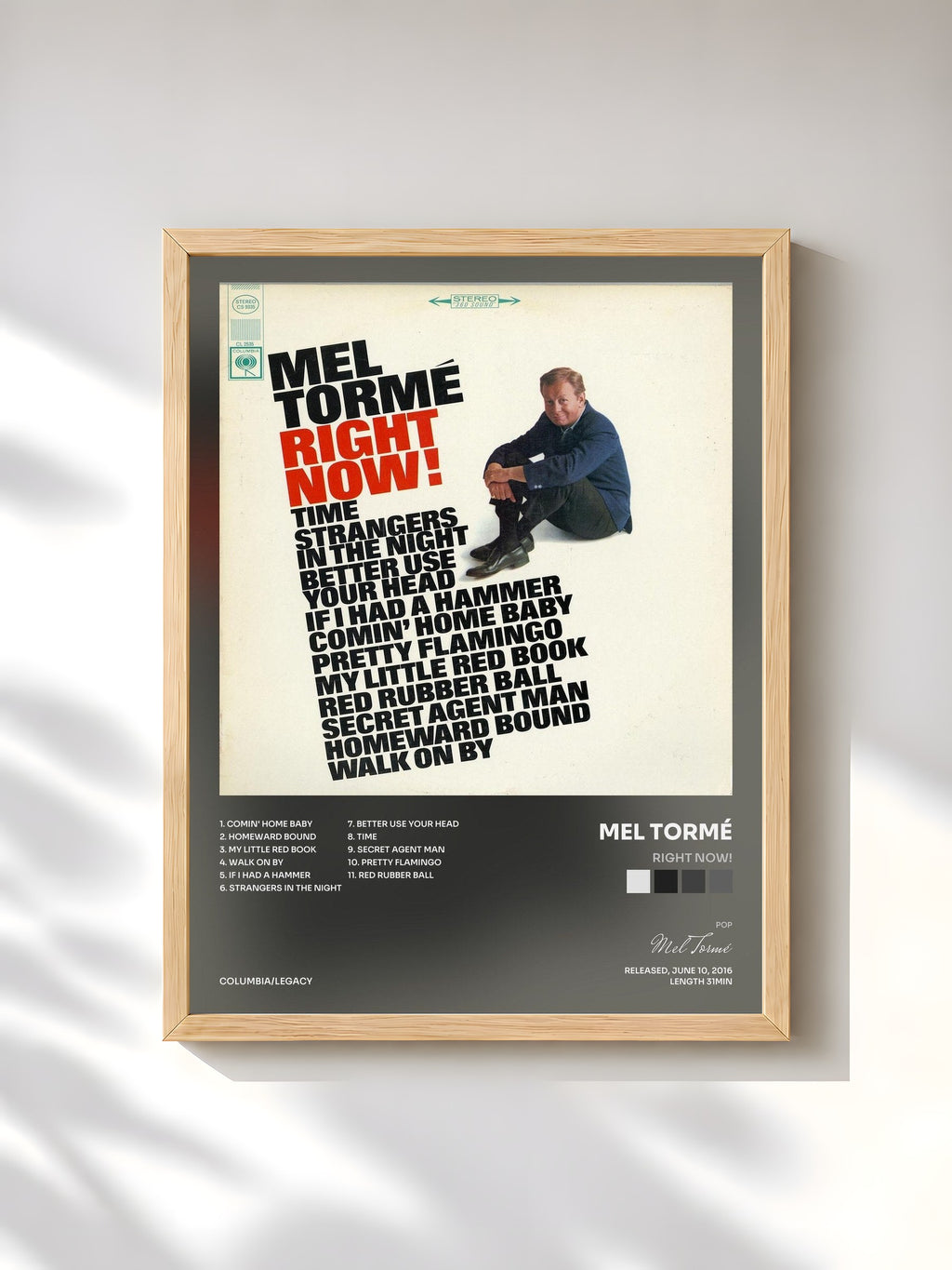 #bois Tableau de l'album Right Now! de Mel Tormé, cadre en bois brut, imprimé et encadré en France