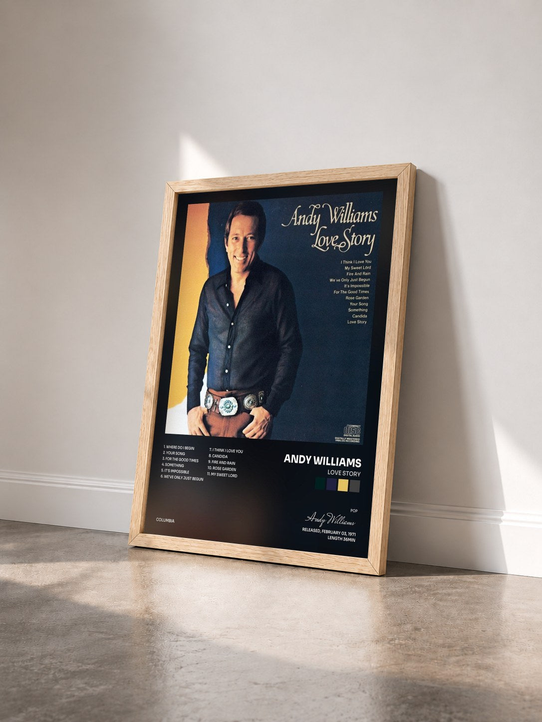 #bois Tableau de l'album Love Story de Andy Williams vu de trois quarts, cadre en bois brut