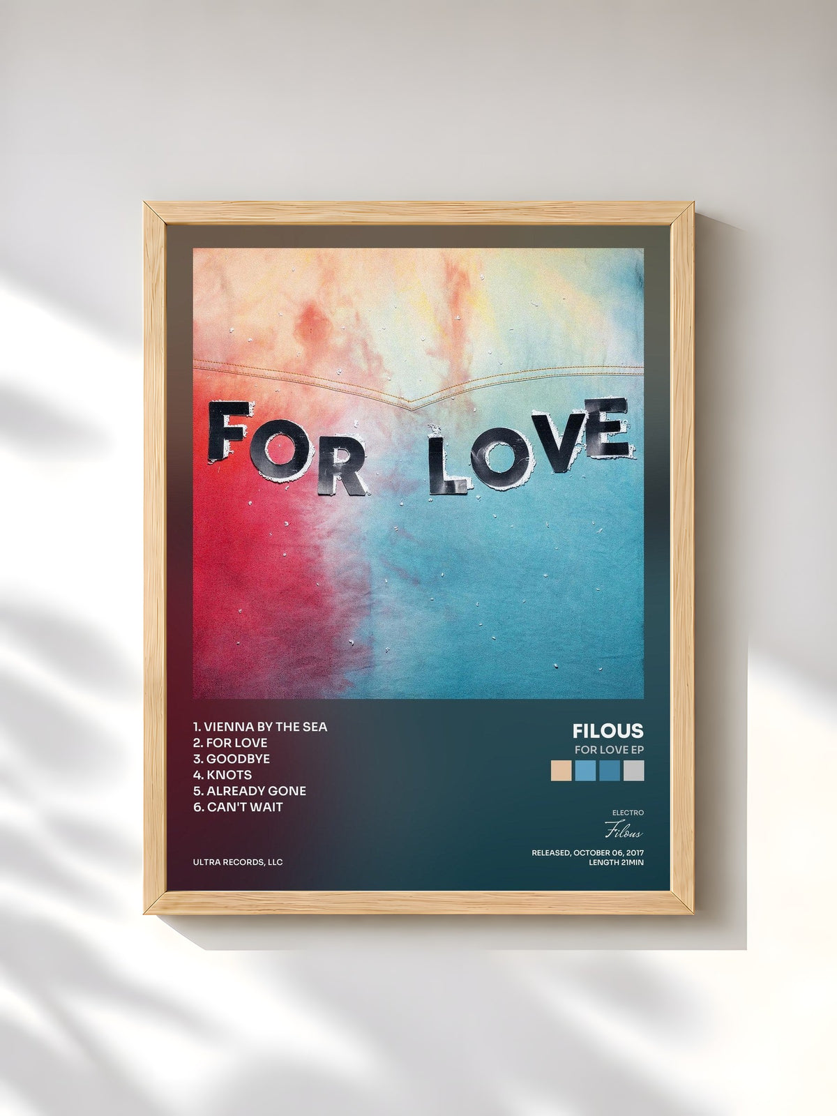#bois Tableau de l'album For Love EP de Filous, cadre en bois brut, imprimé et encadré en France