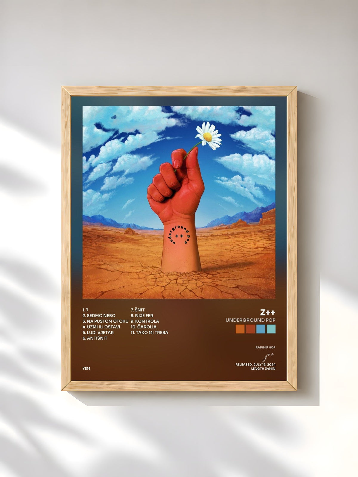 #bois Tableau de l'album underground pop de z++, cadre en bois brut, imprimé et encadré en France