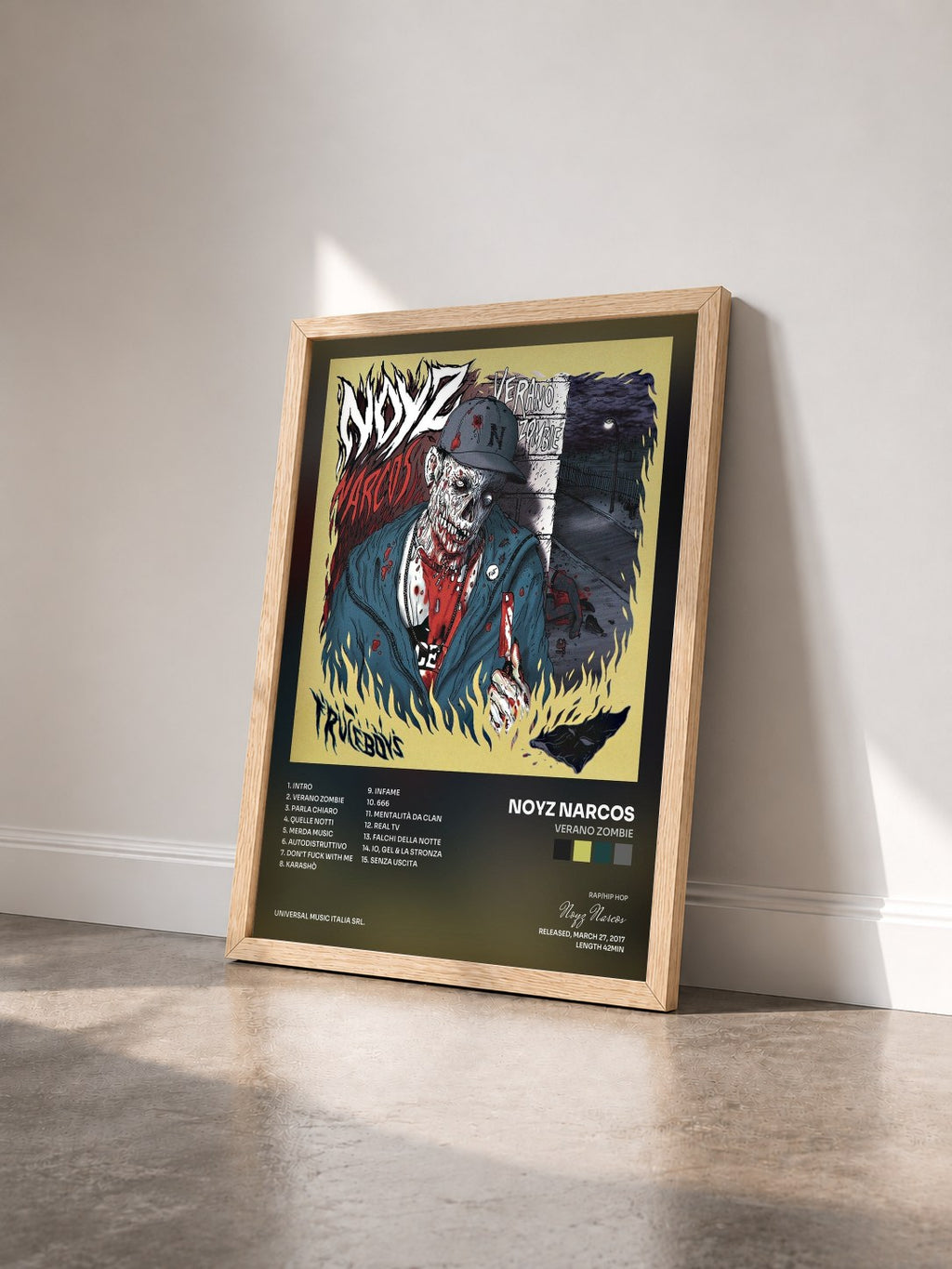 #bois Tableau de l'album Verano Zombie de Noyz Narcos vu de trois quarts, cadre en bois brut
