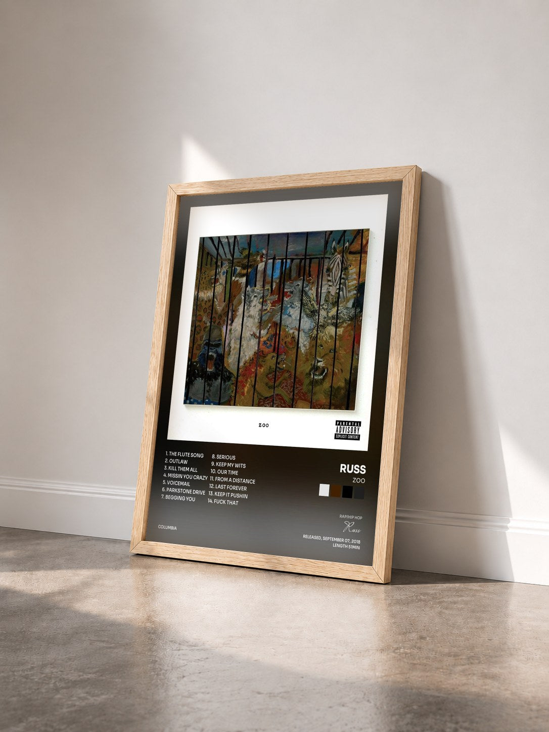 #bois Tableau de l'album ZOO de Russ vu de trois quarts, cadre en bois brut