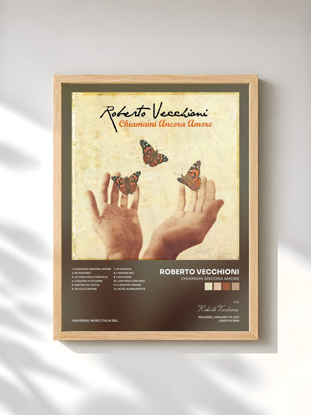 #bois Tableau de l'album Chiamami Ancora Amore de Roberto Vecchioni, cadre en bois brut, imprimé et encadré en France