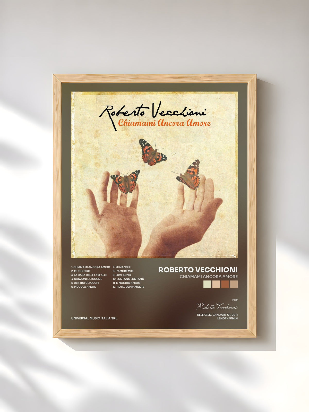 #bois Tableau de l'album Chiamami Ancora Amore de Roberto Vecchioni, cadre en bois brut, imprimé et encadré en France
