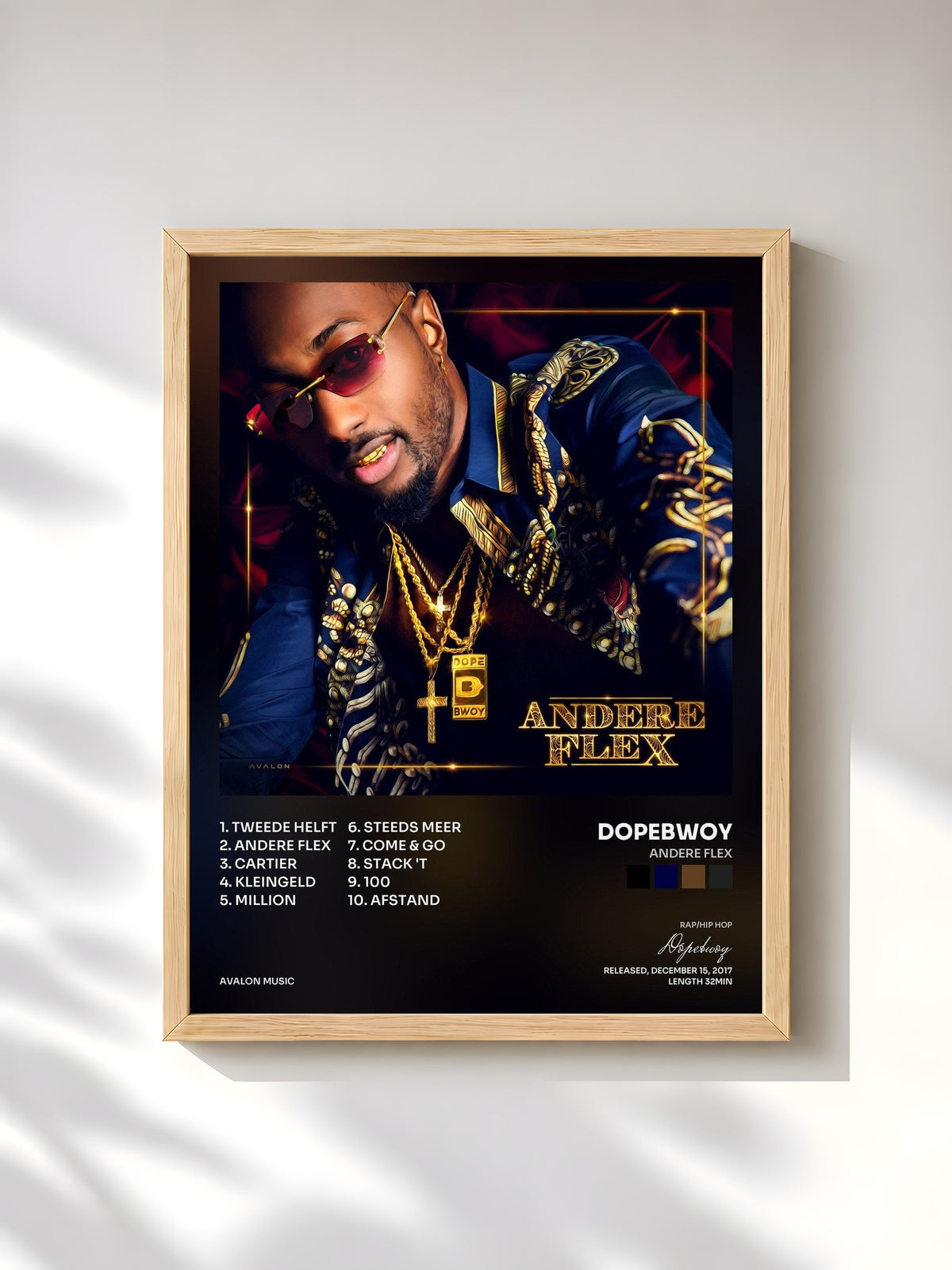 #bois Tableau de l'album Andere Flex de Dopebwoy, cadre en bois brut, imprimé et encadré en France