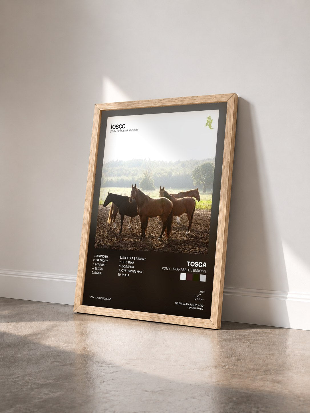 #bois Tableau de l'album Pony - No Hassle Versions de Tosca vu de trois quarts, cadre en bois brut