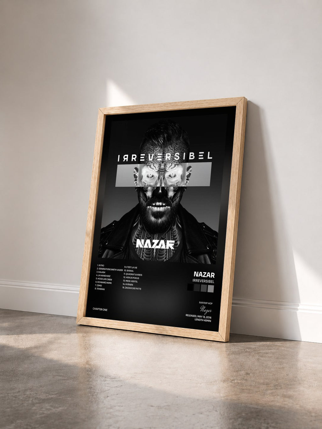 #bois Tableau de l'album Irreversibel de Nazar vu de trois quarts, cadre en bois brut